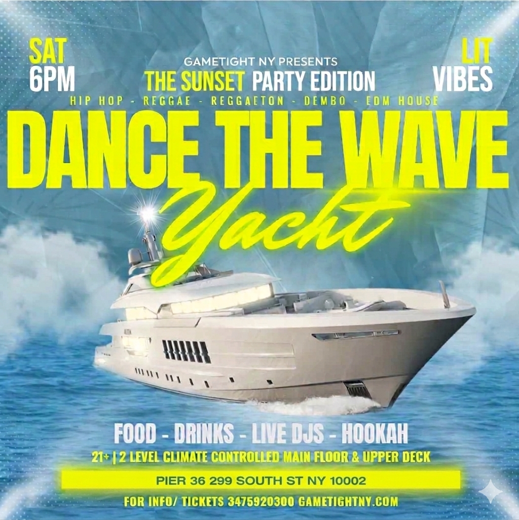 NYC Dance the Wave Saturday Sunset Booze Cruise Yacht Party at Pier 36 — event image